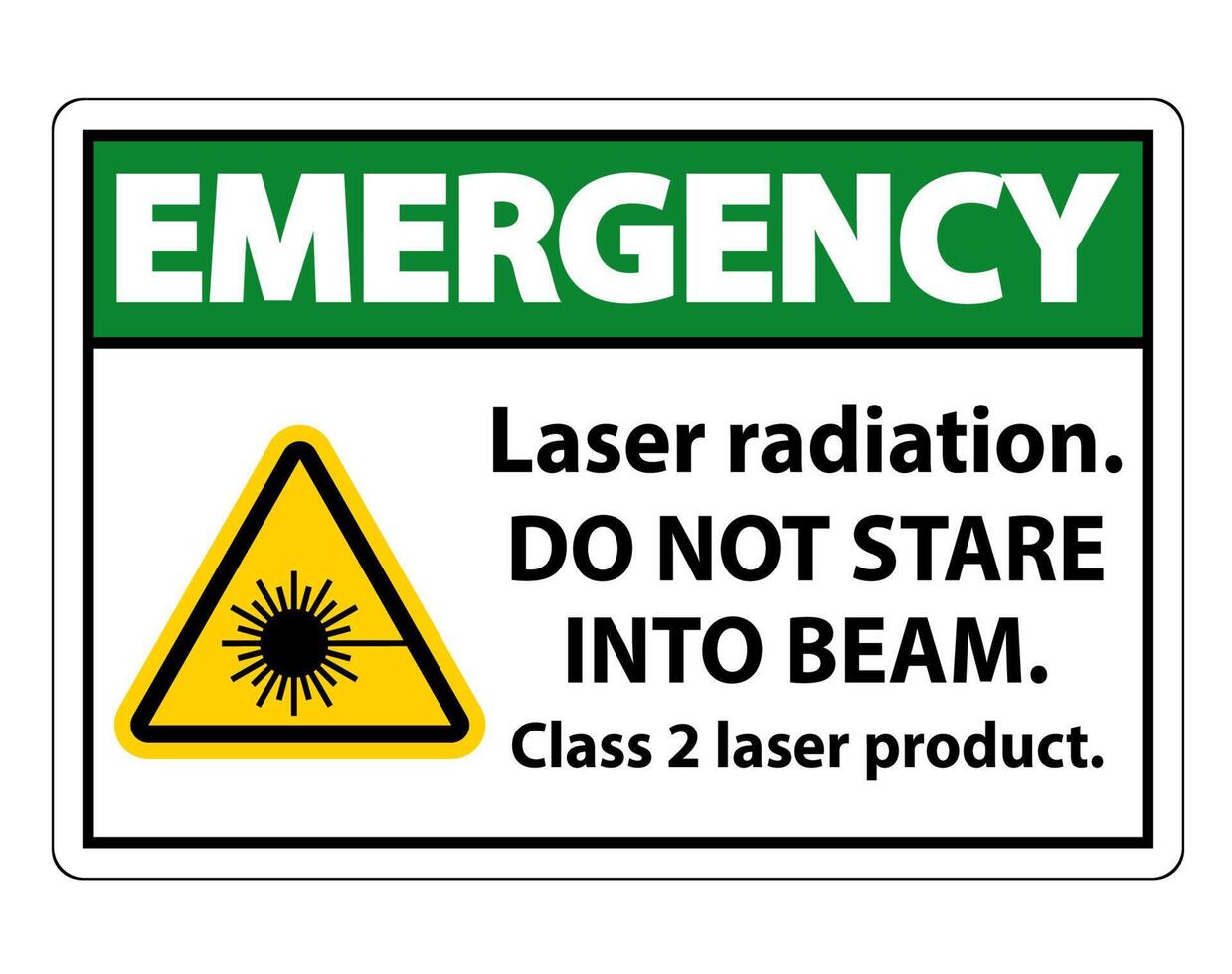 Radiación láser de emergencia, no mire fijamente al rayo, señal de producto láser de clase 2 sobre fondo blanco. vector