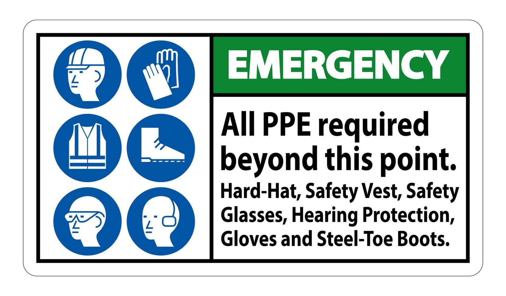 Emergency PPE Required Beyond This Point. Hard Hat, Safety Vest, Safety Glasses, Hearing Protection vector