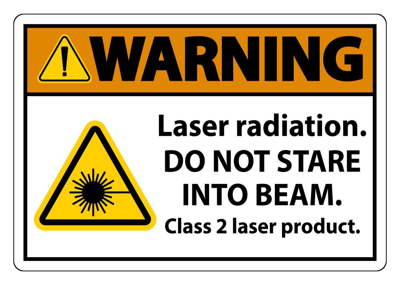 Advertencia de radiación láser, no mire fijamente al rayo, signo de producto láser de clase 2 sobre fondo blanco. vector