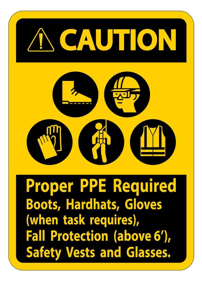 Caution Sign Proper PPE Required Boots, Hardhats, Gloves When Task Requires Fall Protection With PPE Symbols vector