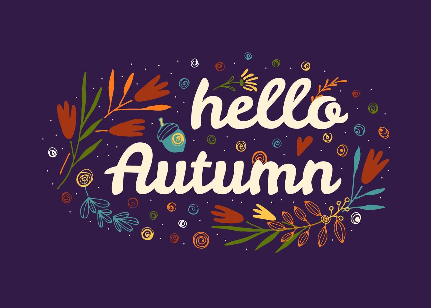 Hello autumn hand drawn  seasonal concept banner. Autumn background with quote, vector illustration.
