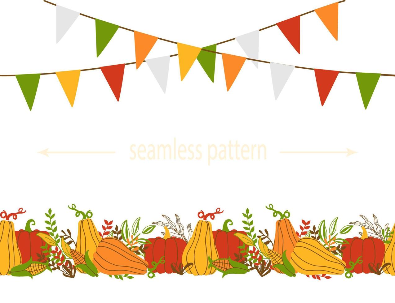 Harvest Festival, Thanksgiving Day, Hello Autumn - seamless banner with place for holiday quote, flag ribbon. Vector illustration.