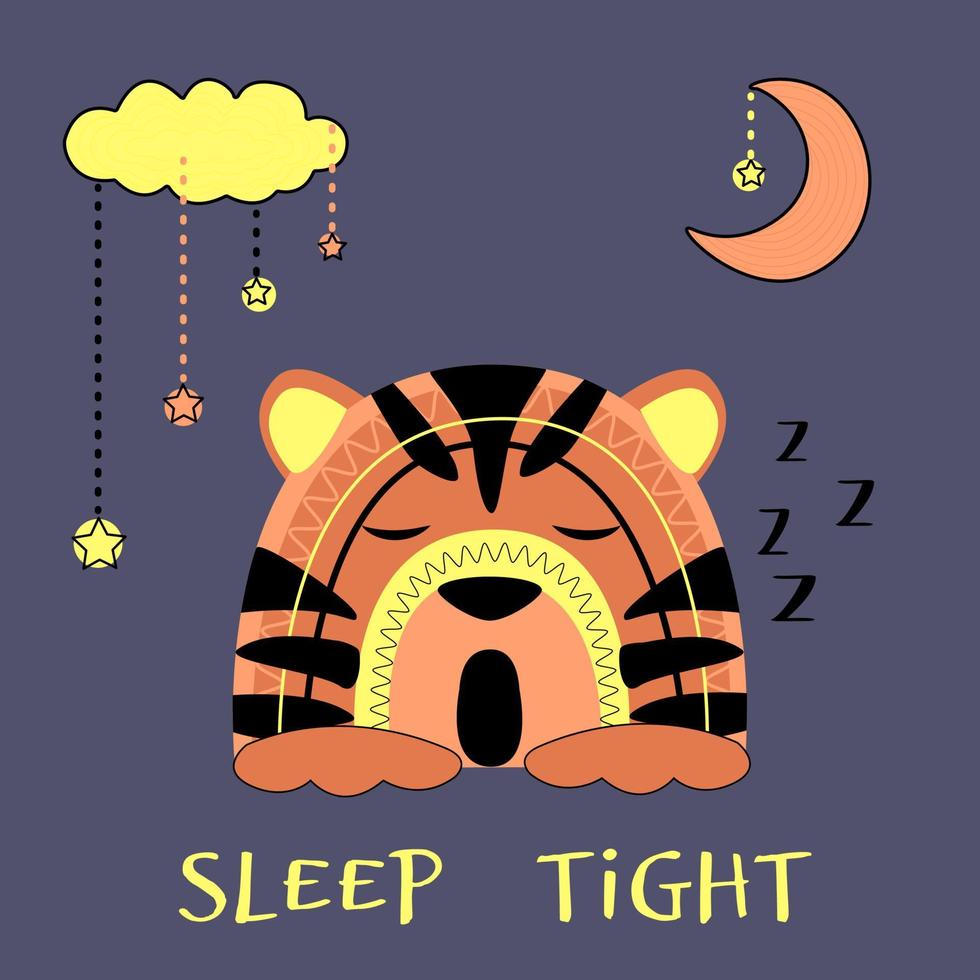 lindo cachorro de tigre duerme dulcemente bajo la luna y la nube. animal naranja con decoración sobre fondo azul, ilustración vectorial aislado. vector