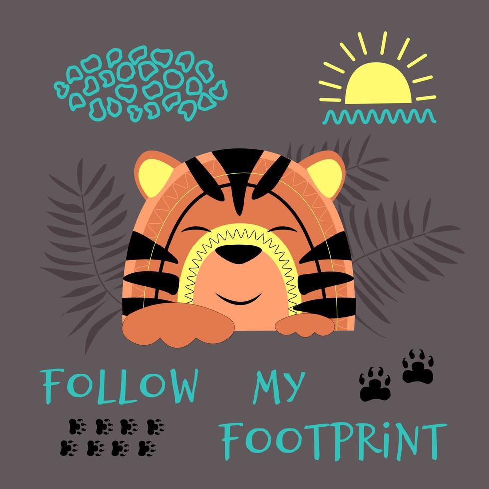 Cute tiger cub follows the tracks. vector