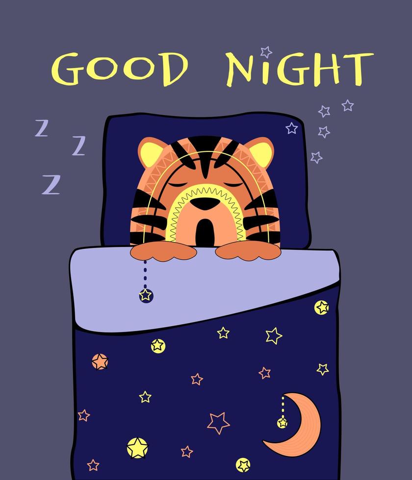 Cute tiger cub sleeps sweetly under blanket. Orange face with pattern on blue background, vector illustration isolated, with an inscription quote. Baby print concept.
