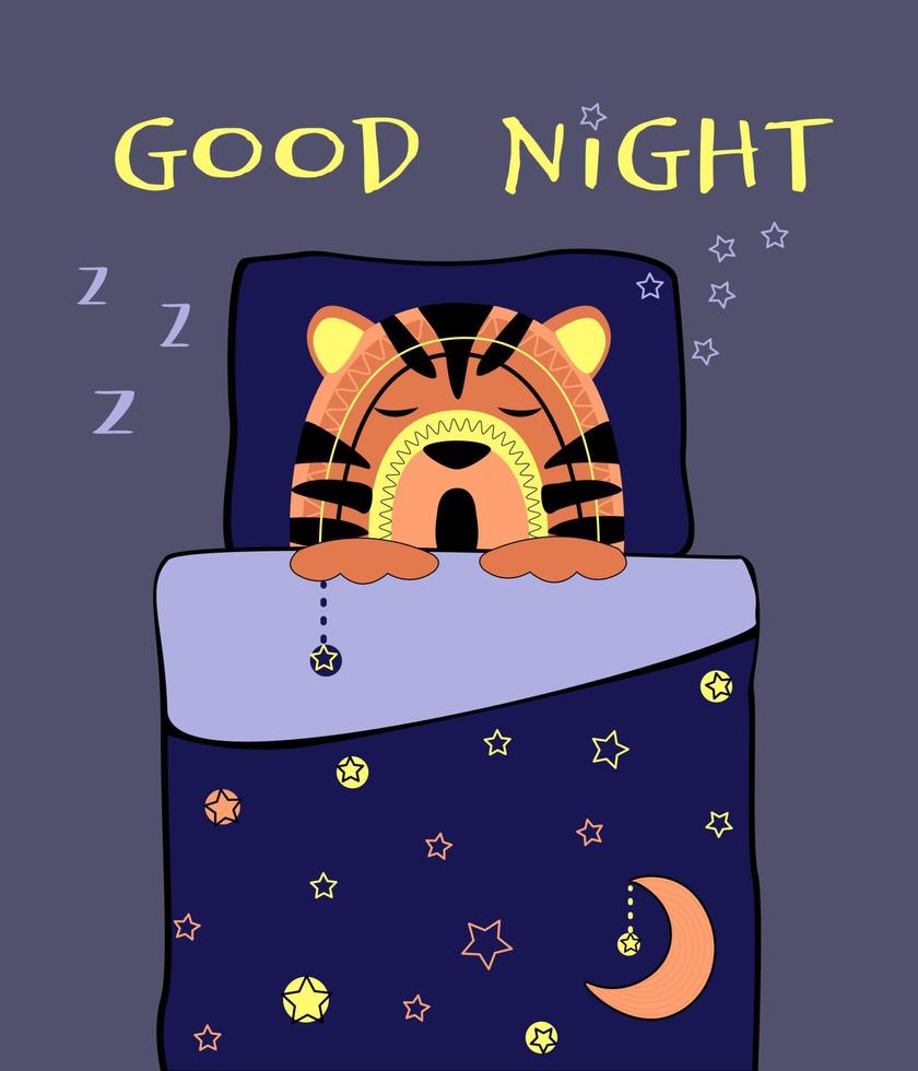 lindo cachorro de tigre duerme dulcemente debajo de una manta. cara naranja con patrón sobre fondo azul, ilustración vectorial aislada, con una cita de inscripción. concepto de impresión de bebé. vector