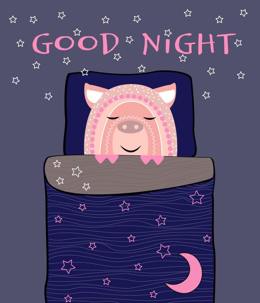 Cute piglet sleeps sweetly under blanket. Pink face with pattern on blue background, vector illustration isolated, with an inscription quote. Baby print concept.