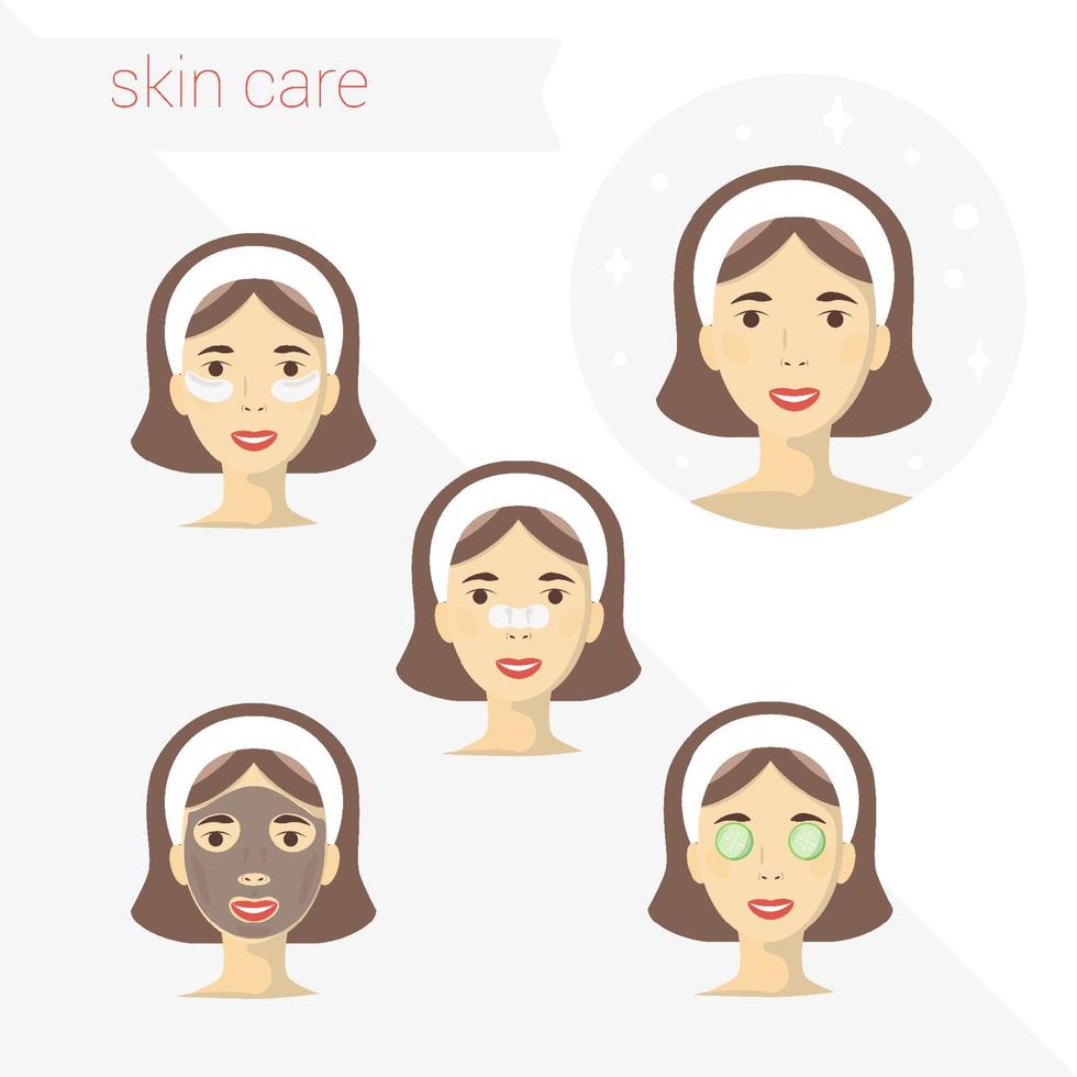 Skin care routine simple woman face with a different facial procedures banner vector illustration flat design concept