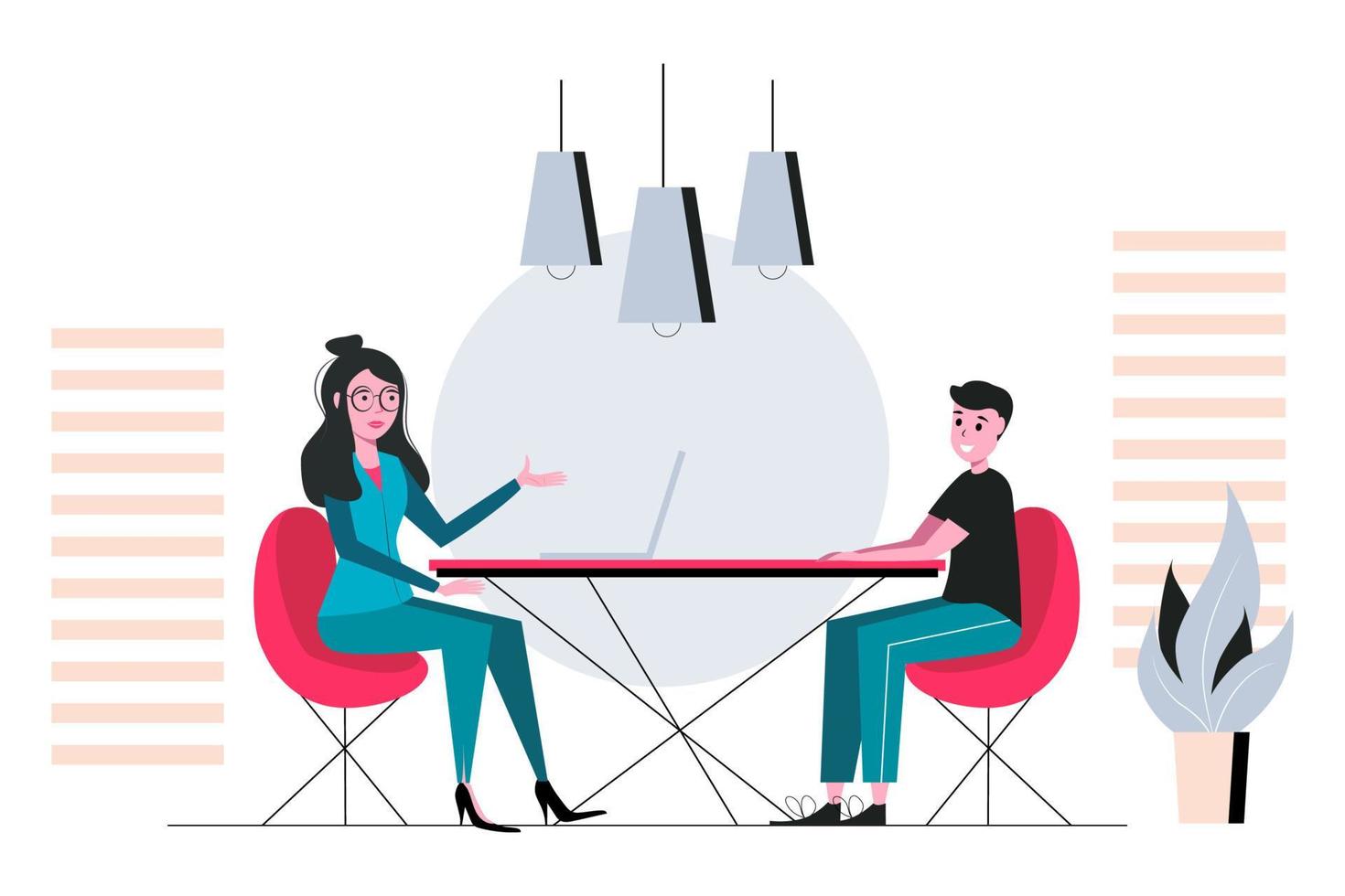 Job interview and employment business meeting and recruitment HR manager and job vacancy concept. Employer and candidate talking at job interview vector illustration.
