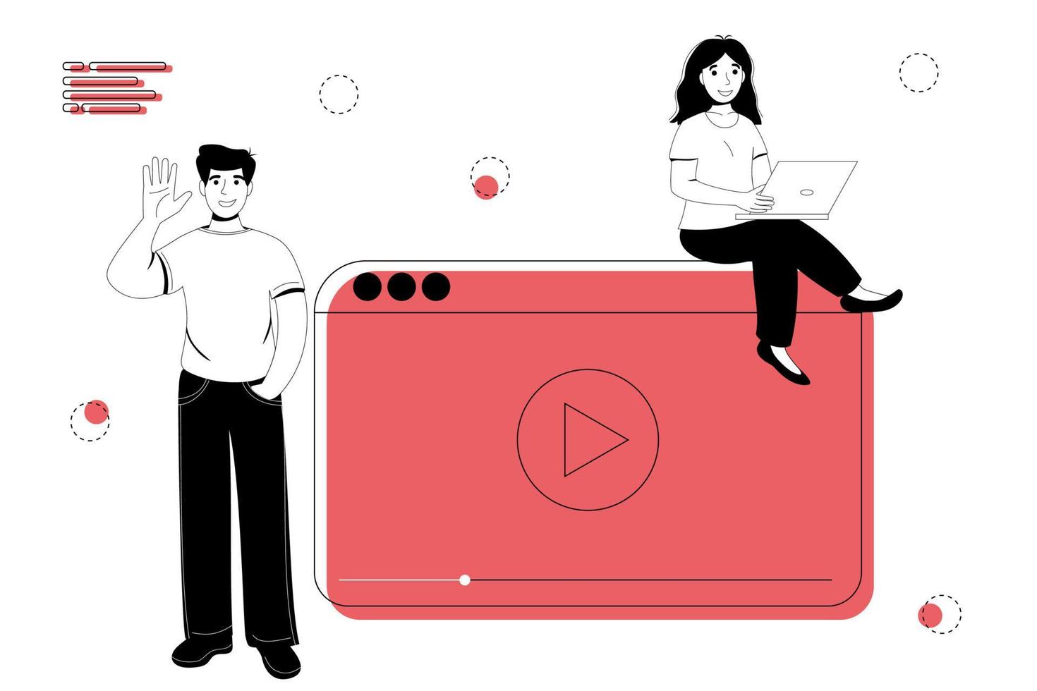 Blogger live streaming broadcast flat vector illustration concept. Male and female social media network bloggers collaboration vloggers Interview podcast video recording in studio