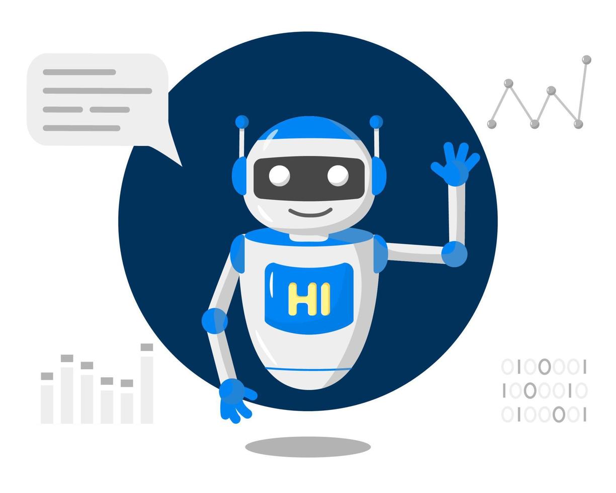 Chat bot robot say hi vector flat cartoon character illustration on white background speak bubble voice support service chat bot virtual online help customer support