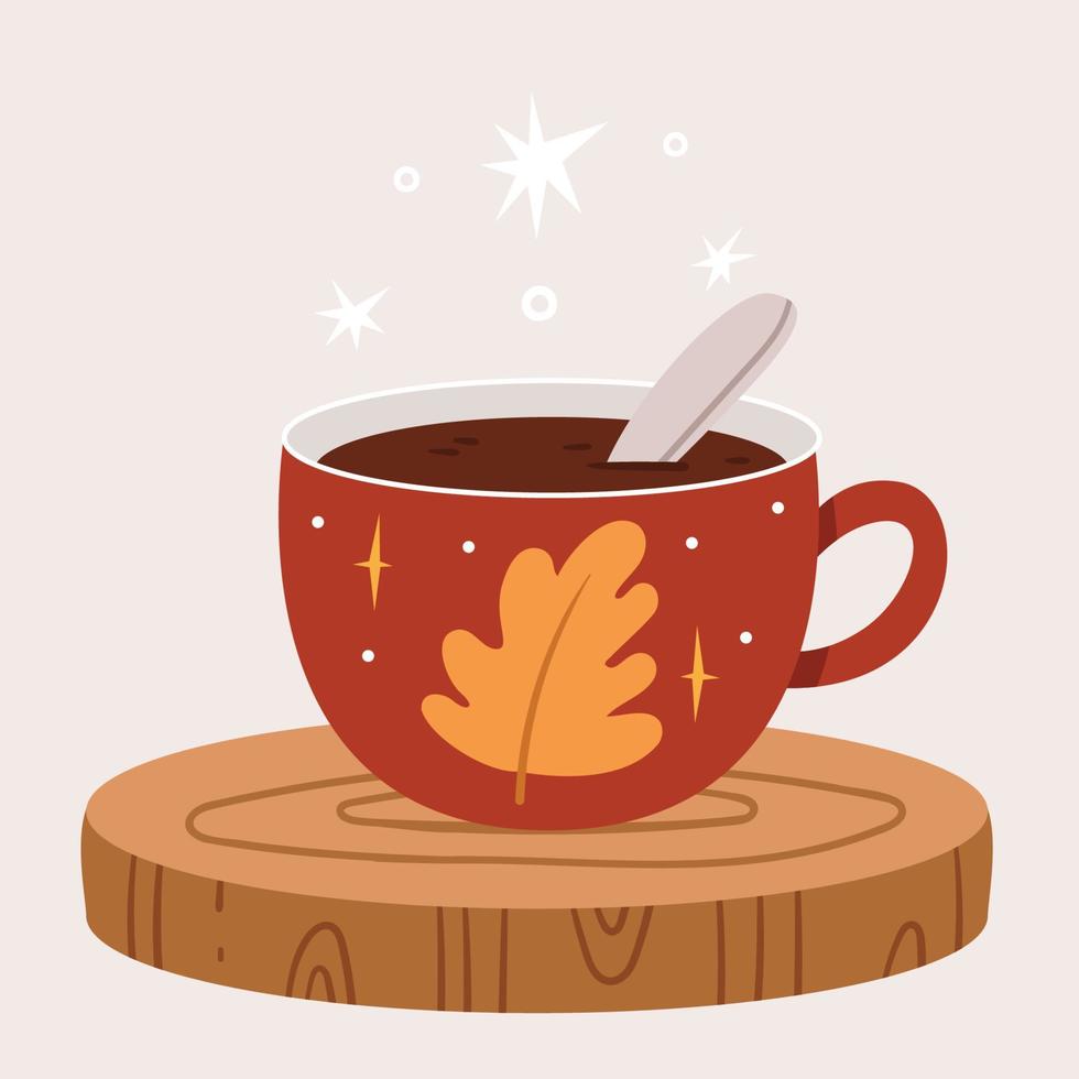 An autumn red cup with an oak leaf stands on a wood cut. vector