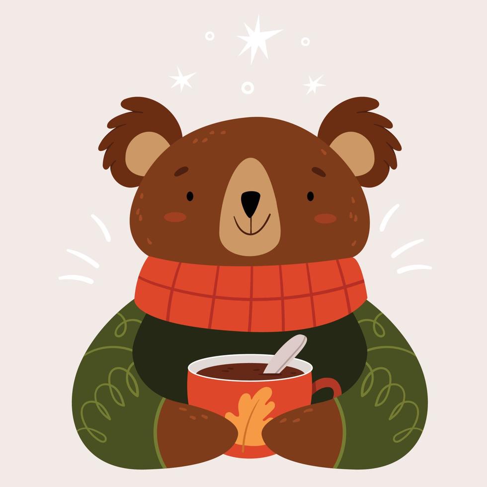 un oso muy lindo con un cálido pañuelo rojo y una gran taza de chocolate. vector