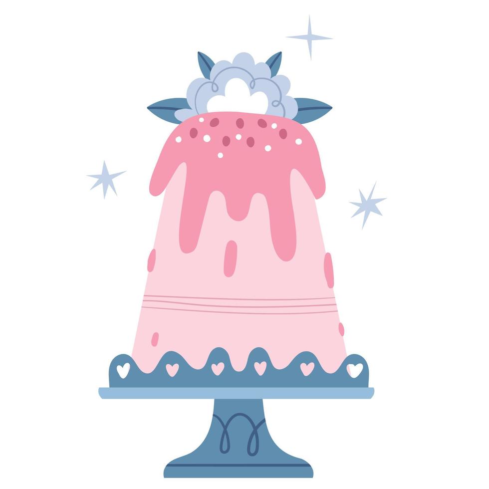 Big pink cake with a blue flower on a lace stand. Wedding cupcake. Girl's birthday. vector