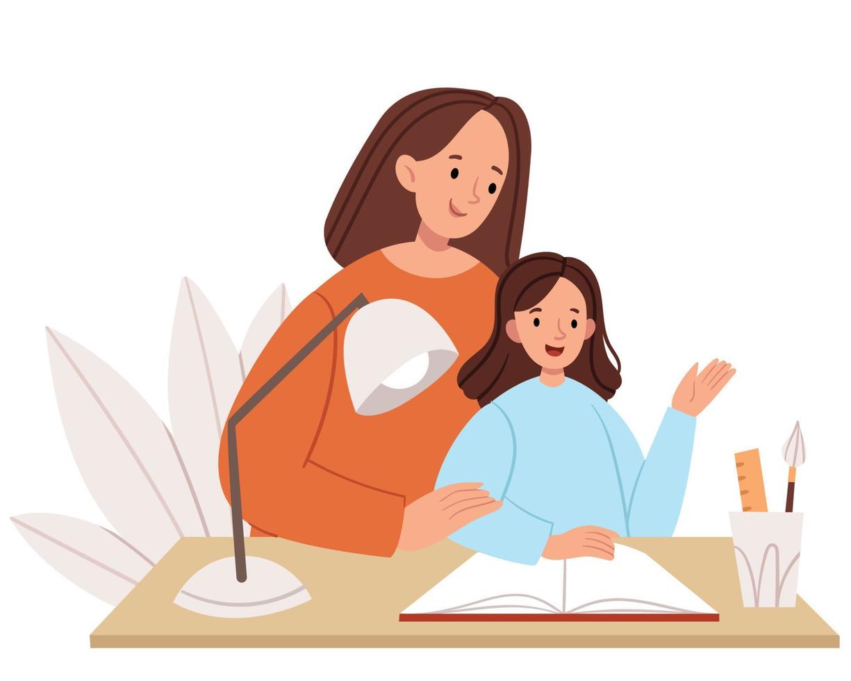 Mom teaches lessons with her daughter. Homeschooling. The family spends time together. vector