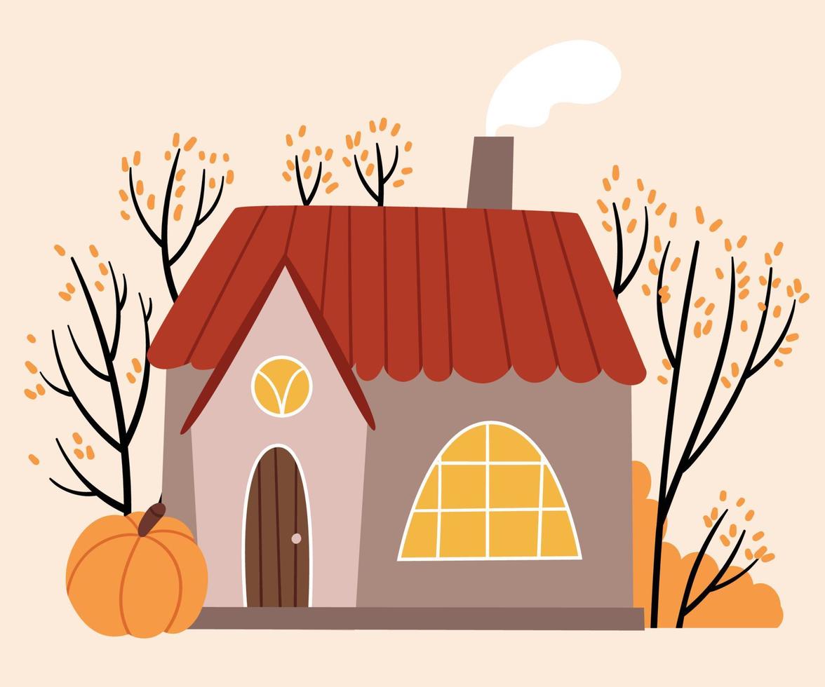 Cozy little house with a round window and a red roof stands in the autumn forest. Scandinavian style. Cozy autumn illustration. vector