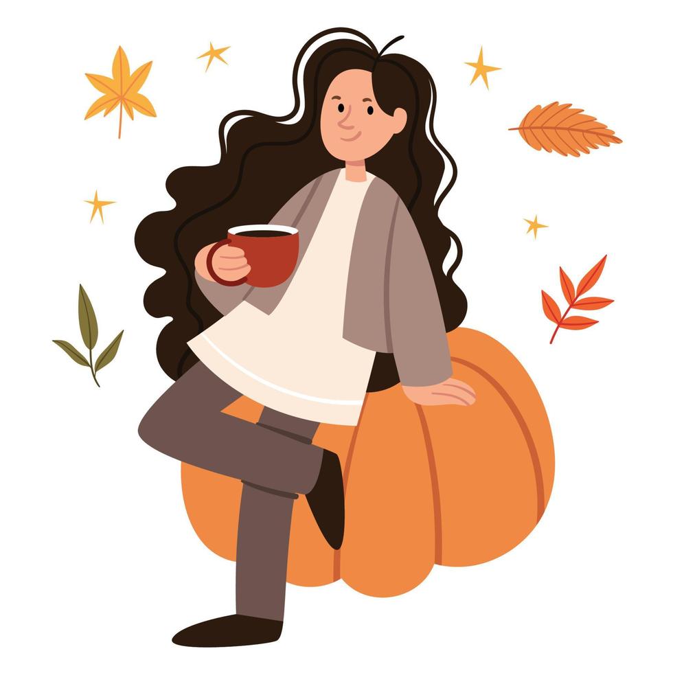 la chica de pelo rizado se sienta sobre una calabaza grande y bebe cacao. estado de ánimo de otoño. estilo escandinavo. vector