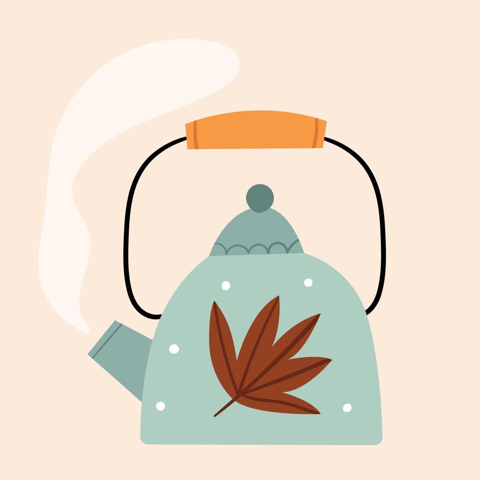 Blue cute teapot with autumn leaves. Scandinavian style. vector