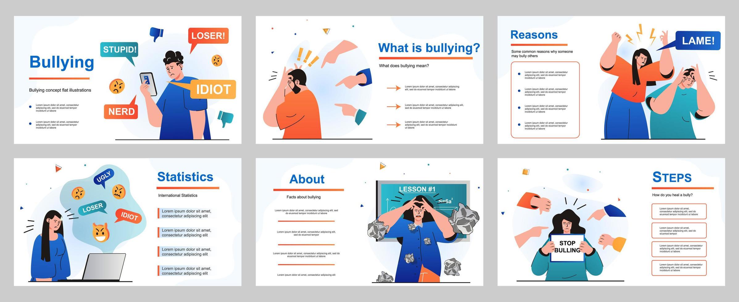 Bullying concept for presentation slide template. People suffer from abuse and problems at school, work or Internet. Toxic communication, depression and stress. Vector illustration for layout design