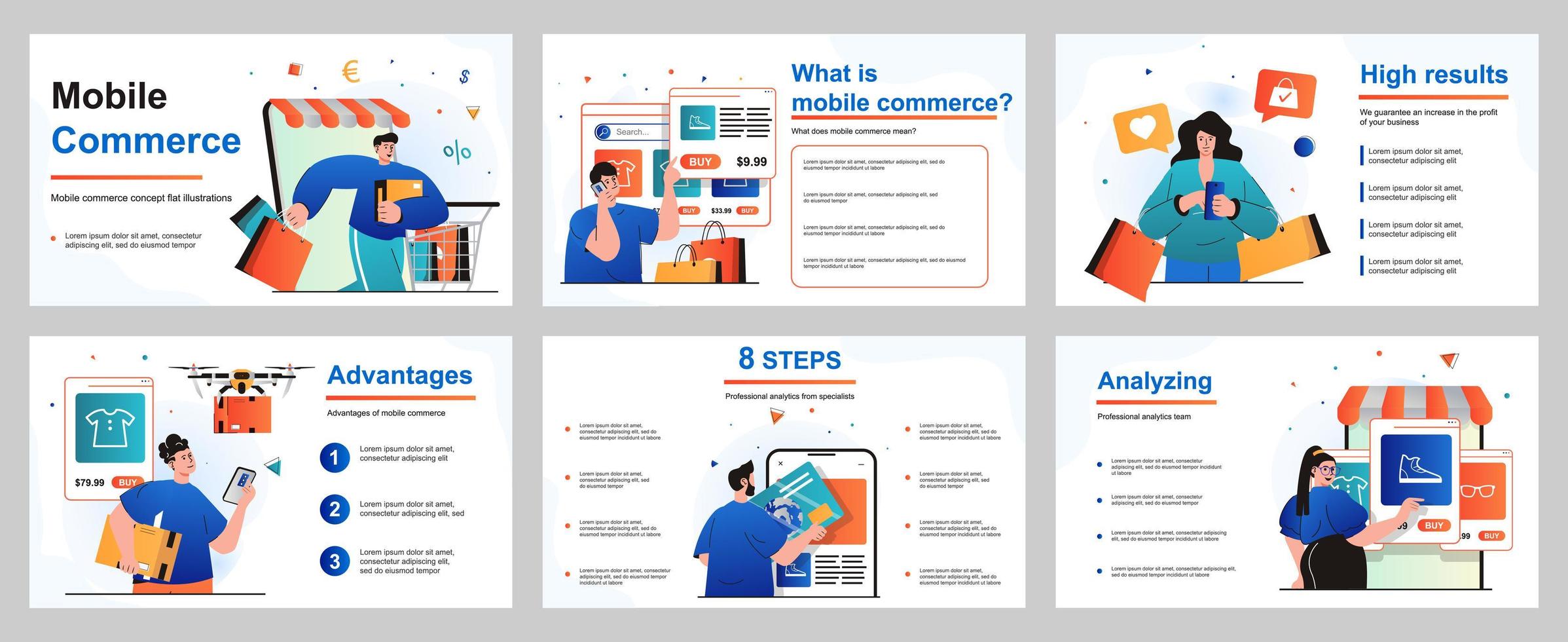 Mobile commerce concept for presentation slide template. People customers shopping in mobile application, online payment, ordering home delivery for purchases. Vector illustration for layout design