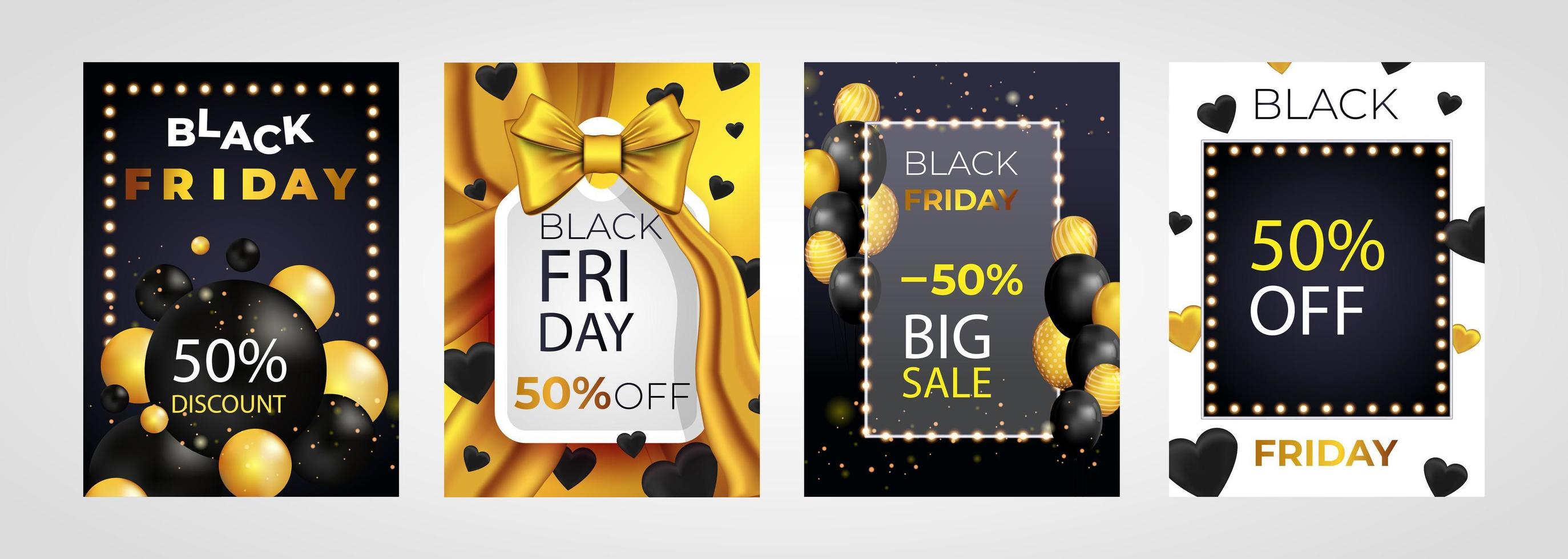 Black Friday Sale set of posters or flyers design with balloons and confetti. Black Friday cover design. Sale discount prices announcement brochure layout. Vector illustration with realistic elements.