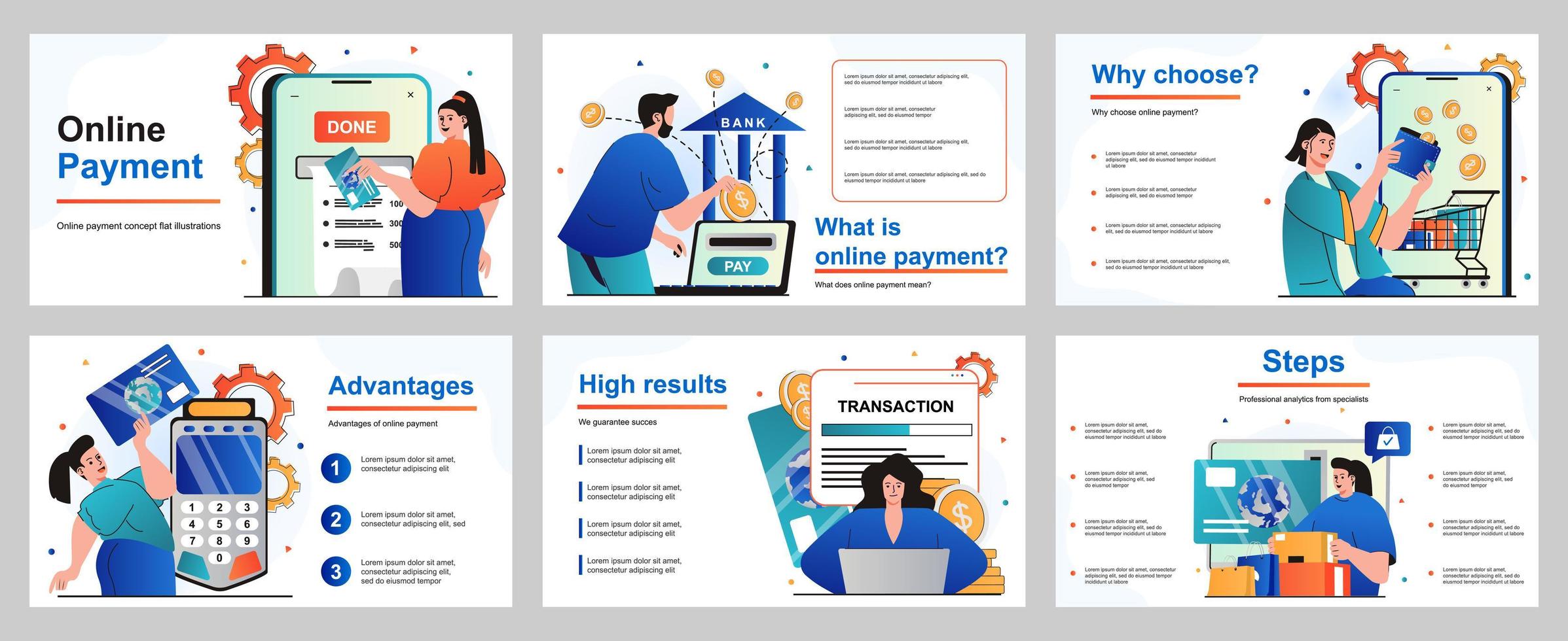 Online payment concept for presentation slide template. People paying for purchases with credit card, conducts financial transaction, using online banking app. Vector illustration for layout design