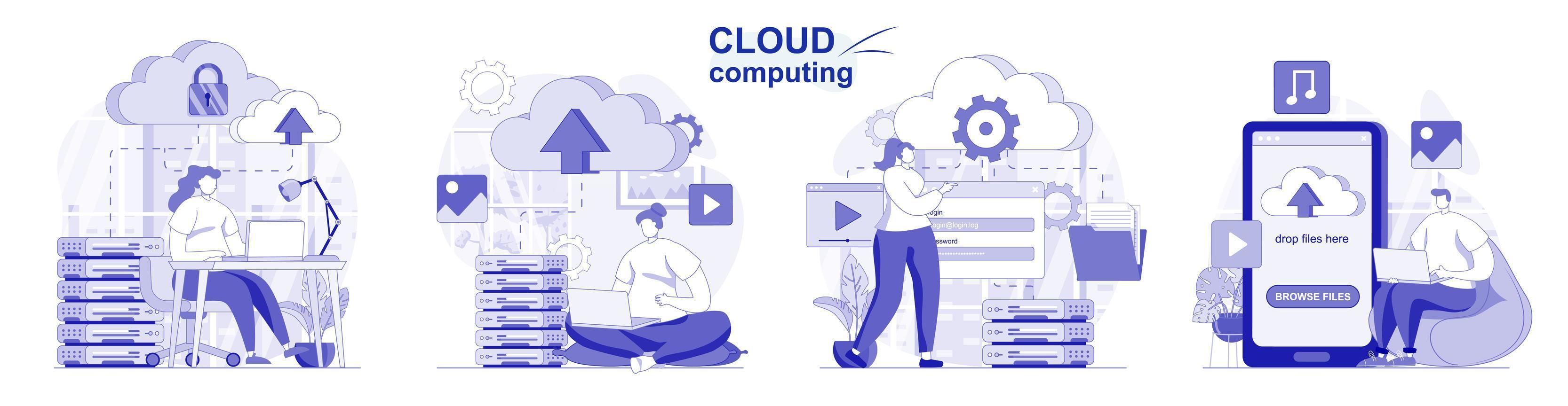 conjunto aislado de computación en la nube en diseño plano. las personas cargan archivos, almacenan y procesan la recopilación de datos de escenas. ilustración vectorial para blogs, sitios web, aplicaciones móviles, materiales promocionales. vector