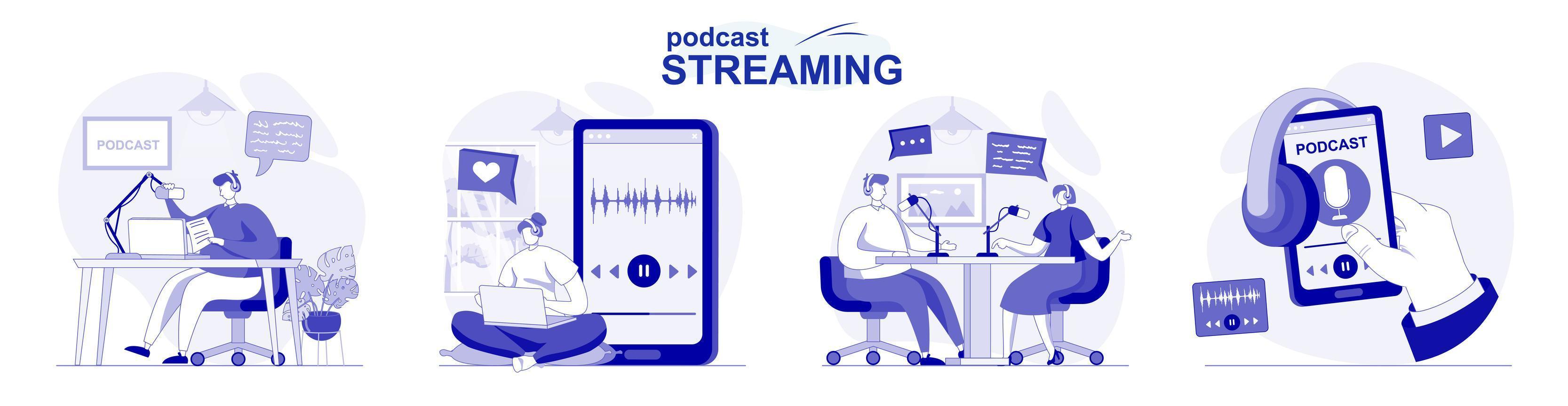 Podcast streaming isolated set in flat design. People make online broadcast or recording at studio, collection of scenes. Vector illustration for blogging, website, mobile app, promotional materials.