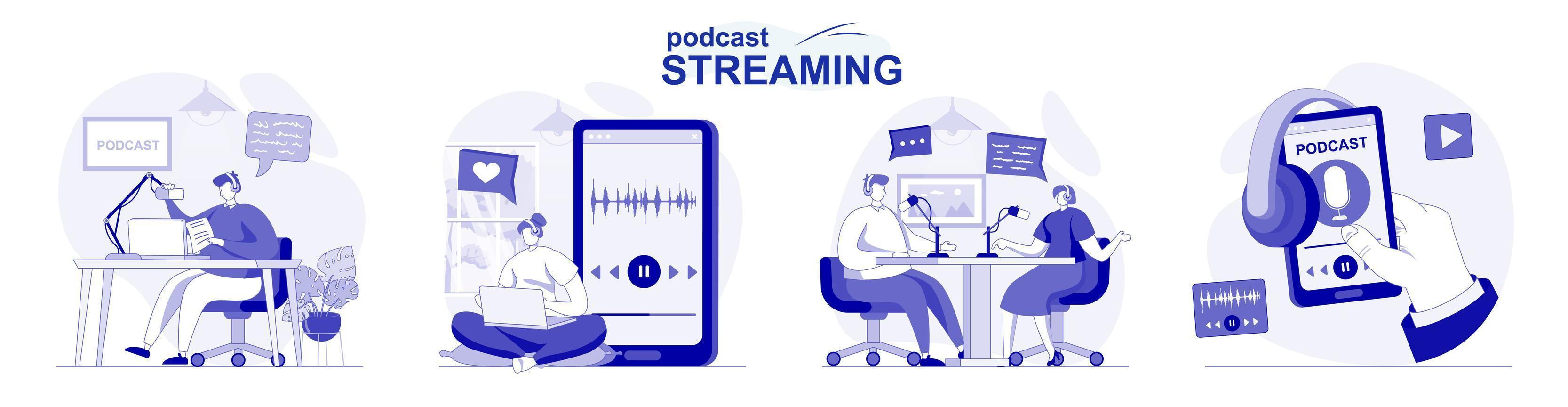 podcast streaming aislado en diseño plano. las personas realizan transmisiones en línea o grabaciones en el estudio, colección de escenas. ilustración vectorial para blogs, sitios web, aplicaciones móviles, materiales promocionales. vector