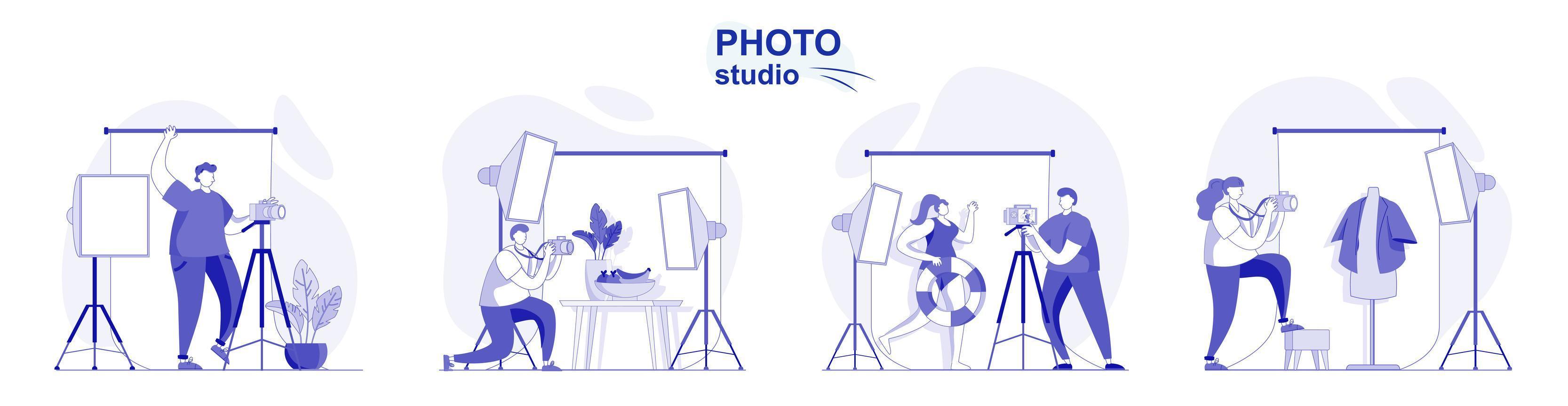 Photo studio isolated set in flat design. People take photos on professional camera with lights, collection of scenes. Vector illustration for blogging, website, mobile app, promotional materials.