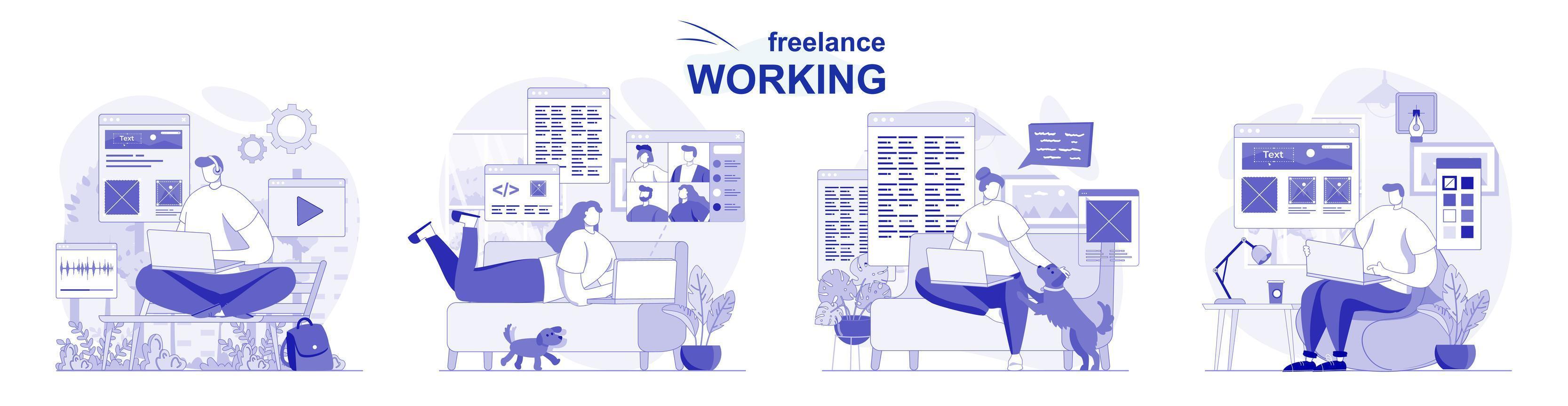 Freelance working isolated set in flat design. People dong remote work on laptops from home office, collection of scenes. Vector illustration for blogging, website, mobile app, promotional materials.