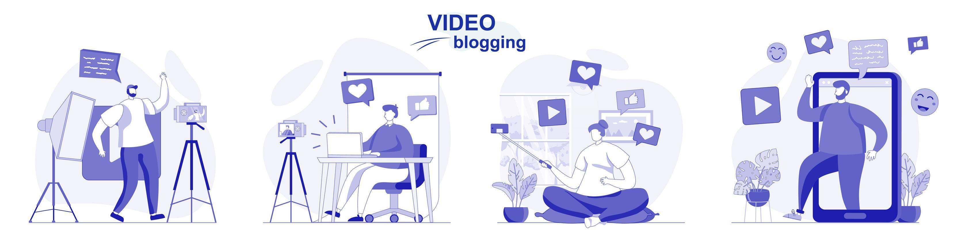 Video blogging isolated set in flat design. People record videos, bloggers create blog content, collection of scenes. Vector illustration for blogging, website, mobile app, promotional materials.