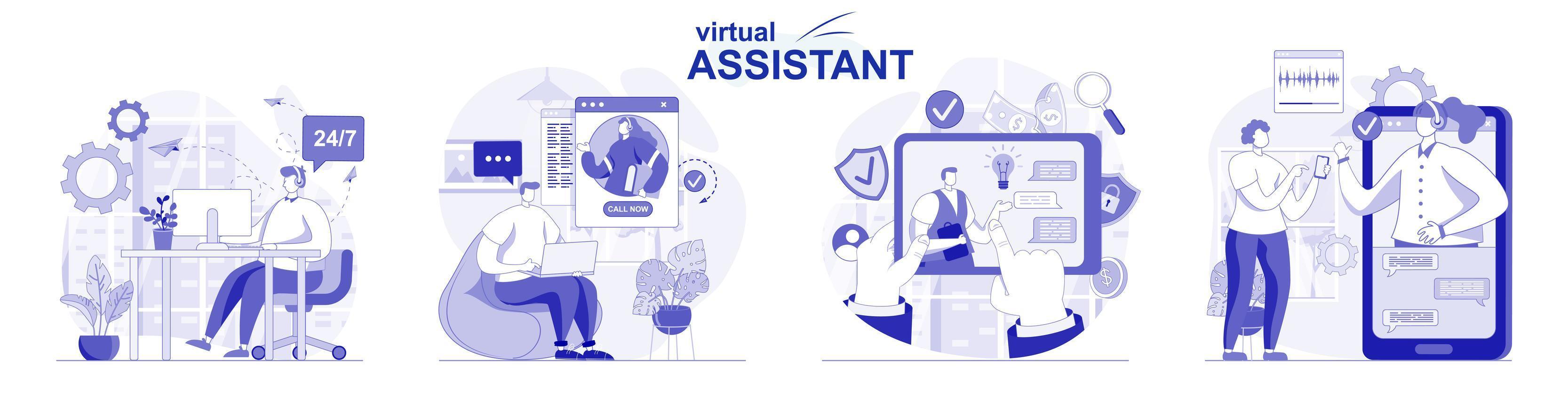 Virtual assistant isolated set in flat design. People advise clients, resolve issues by video call, collection of scenes. Vector illustration for blogging, website, mobile app, promotional materials.