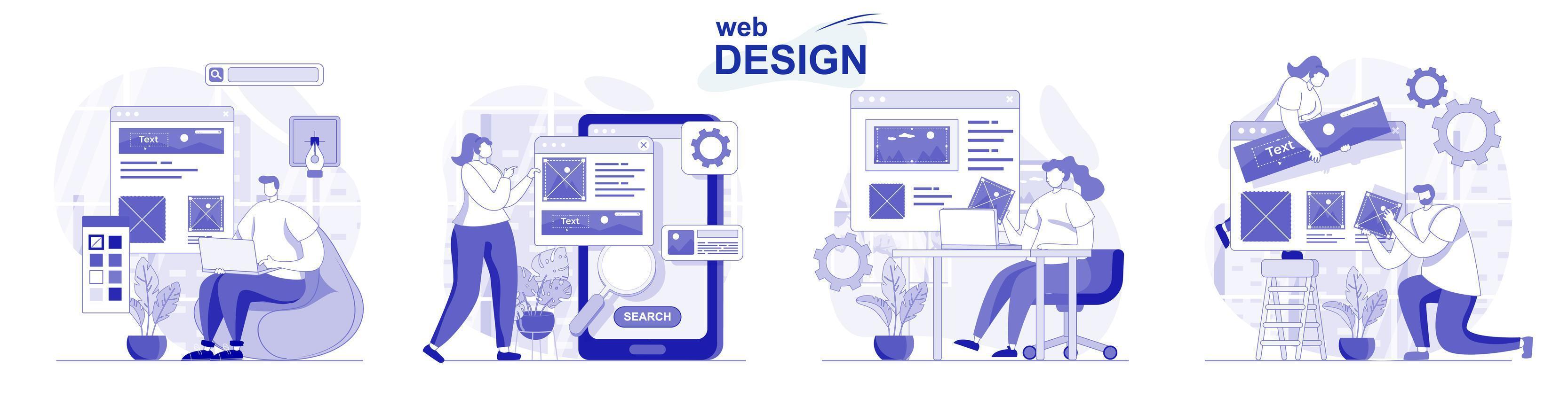Web design isolated set in flat design. People create and place graphic elements at site layout, collection of scenes. Vector illustration for blogging, website, mobile app, promotional materials.