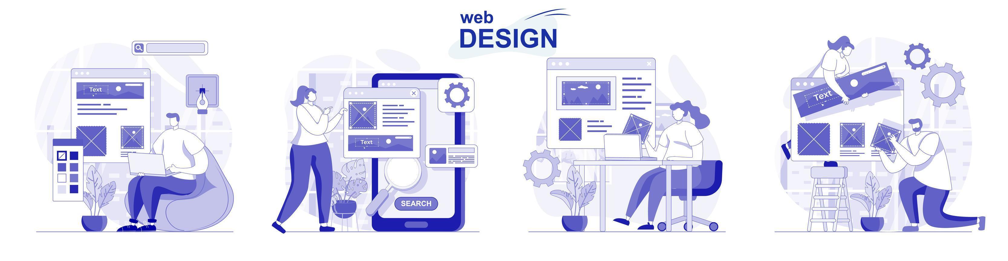 diseño web aislado en diseño plano. las personas crean y colocan elementos gráficos en el diseño del sitio, colección de escenas. ilustración vectorial para blogs, sitios web, aplicaciones móviles, materiales promocionales. vector