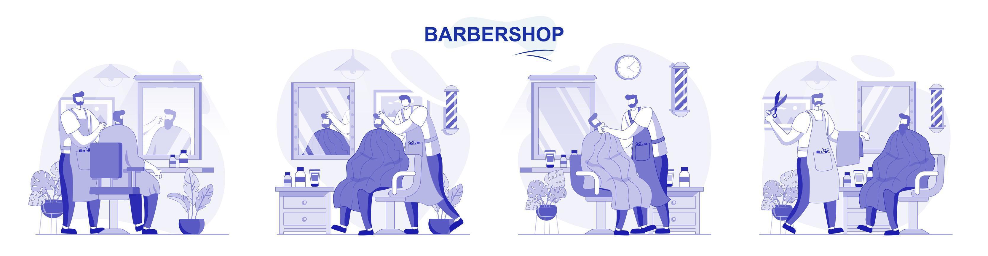 Barbershop isolated set in flat design. People get haircuts or shave beard, hairdresser does styling collection of scenes. Vector illustration for blogging, website, mobile app, promotional materials.