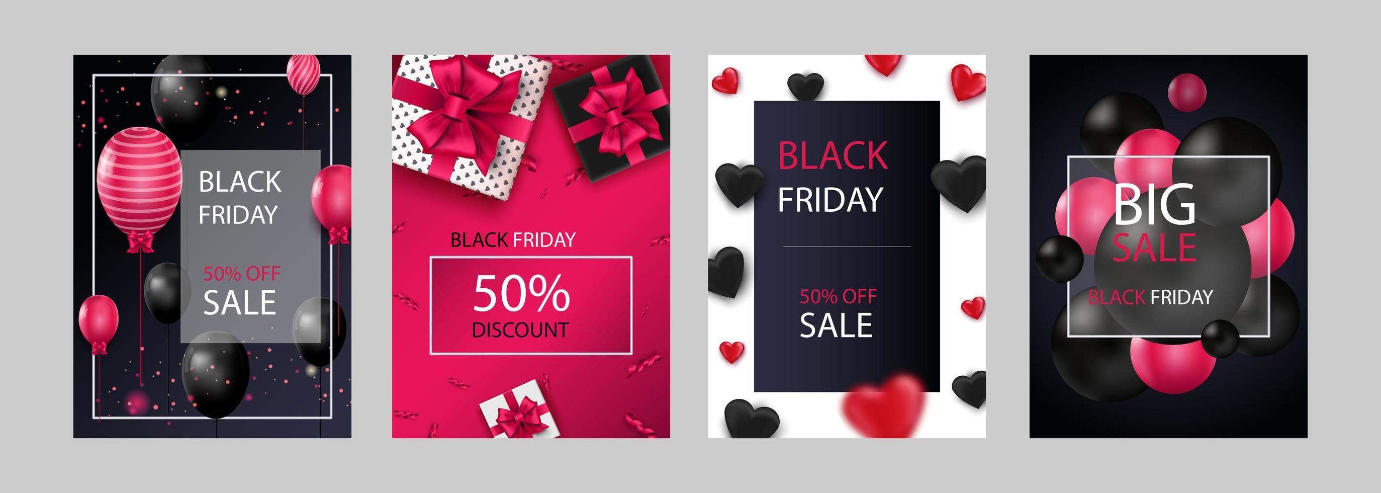 Black Friday Sale set of posters or flyers design with balloons and confetti. Black Friday cover design. Sale discount prices announcement brochure layout. Vector illustration with realistic elements.