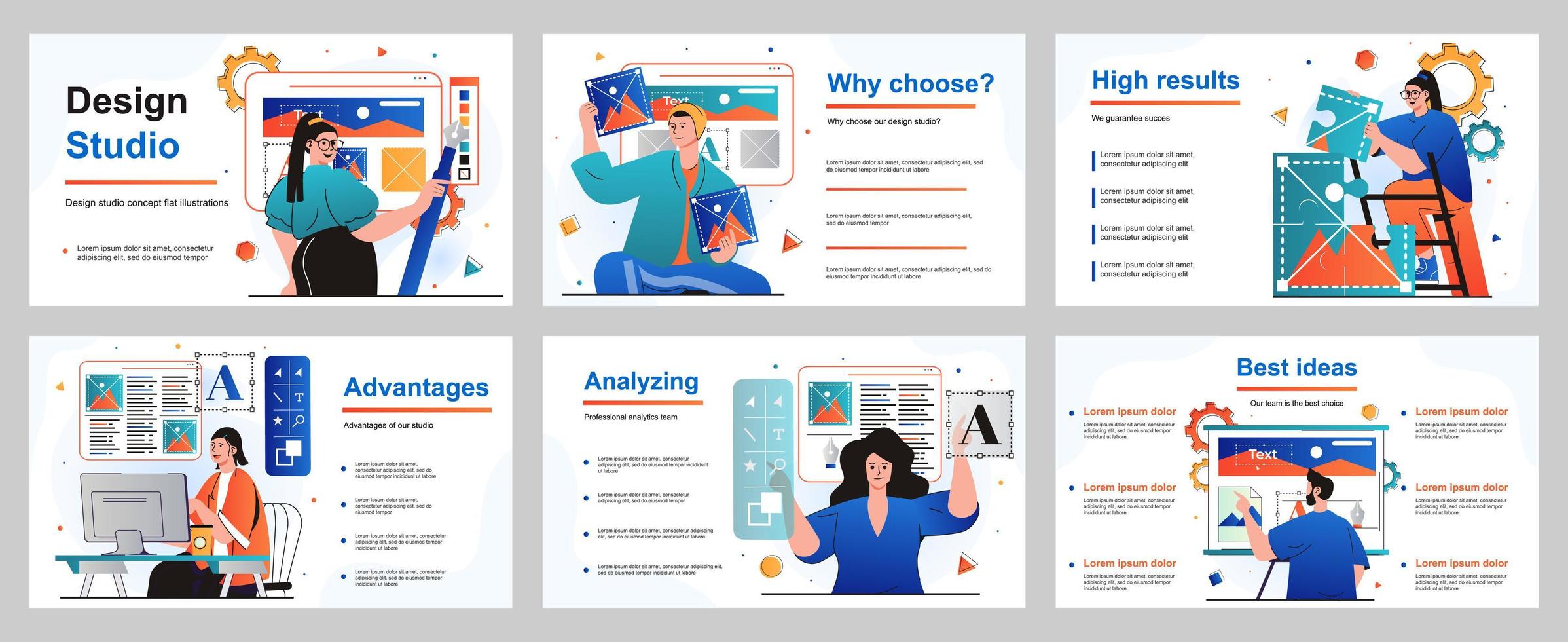 Design studio concept for presentation slide template. Illustrators draw images, graphic elements, choose colors and fonts, works at computer in creative agency. Vector illustration for layout design