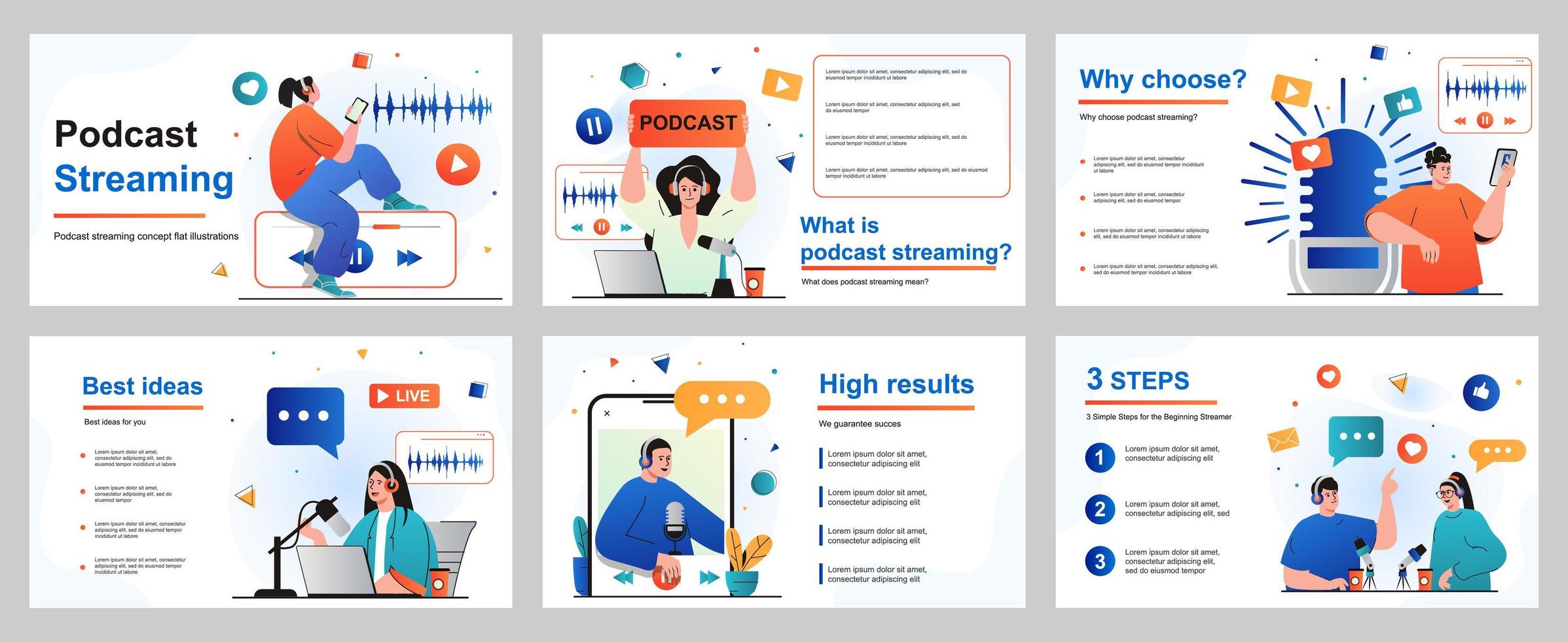 Podcast streaming concept for presentation slide template. People with