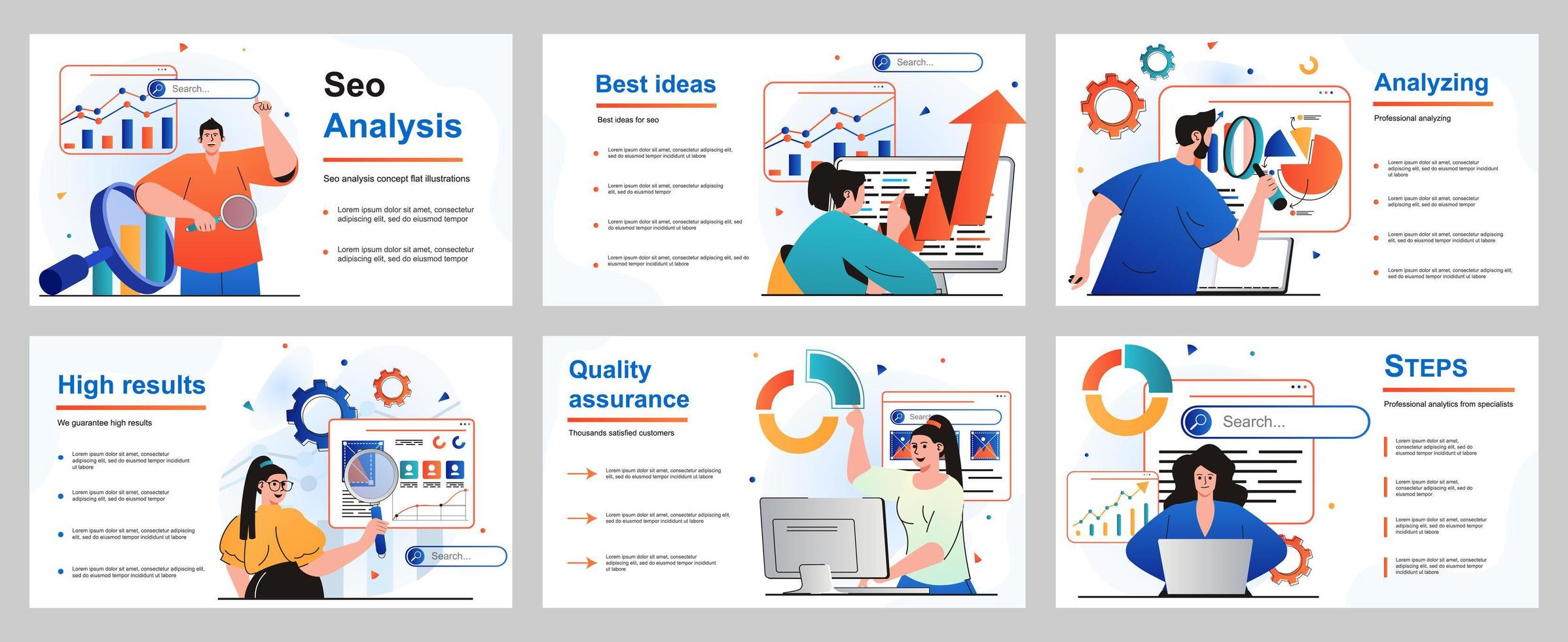 concepto de análisis seo para la plantilla de diapositiva de presentación. las personas analizan el sitio web, optimizan la interfaz y mejoran el contenido, lo promueven en las búsquedas principales, desarrollan la estrategia. ilustración vectorial para el diseño de diseño vector