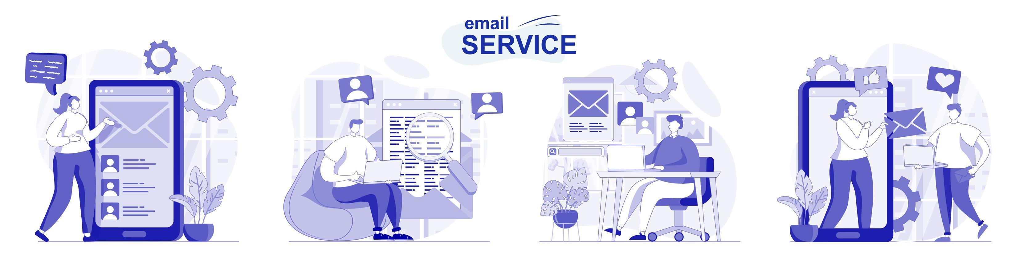 Email service isolated set in flat design. People send and receive letters, personal correspondence, collection of scenes. Vector illustration for blogging, website, mobile app, promotional materials.