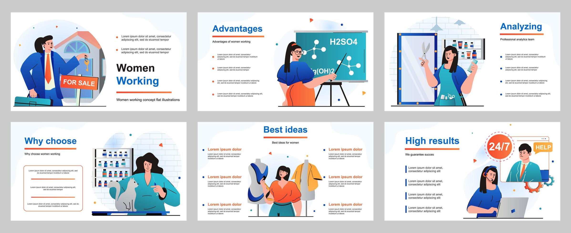 Web design concept for presentation slide template. Female occupations - businesswoman, teacher, hairdresser, veterinarian, seamstress, operator call center. Vector illustration for layout design