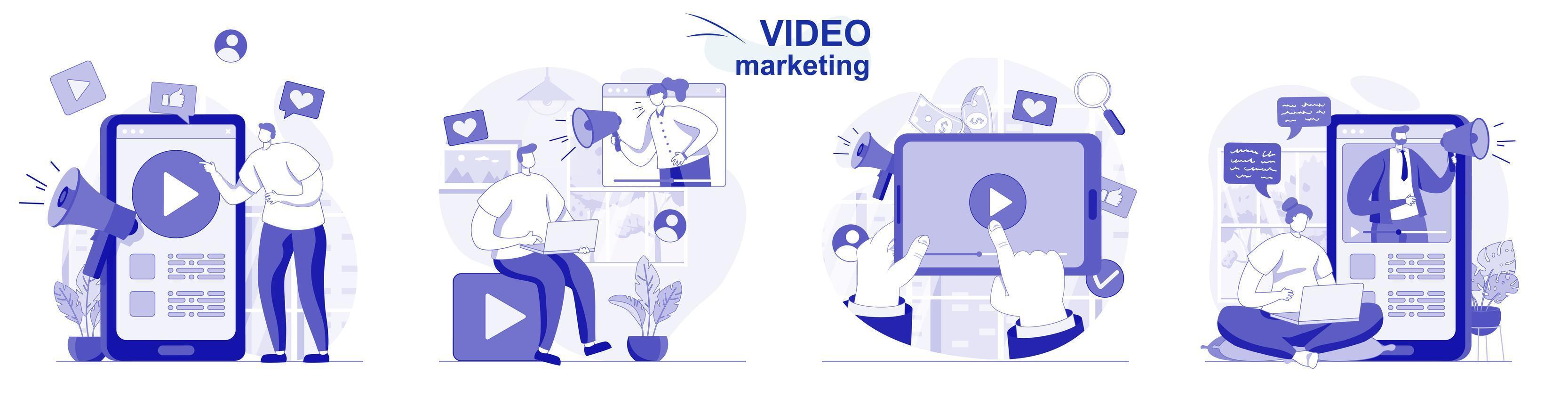 video marketing aislado en diseño plano. la gente crea y publica contenido, promoción en línea, colección de escenas. ilustración vectorial para blogs, sitios web, aplicaciones móviles, materiales promocionales. vector