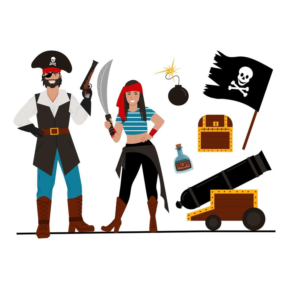paquete pirata. un par de chicas piratas y un chico, diferentes artículos piratas. ilustración vectorial vector