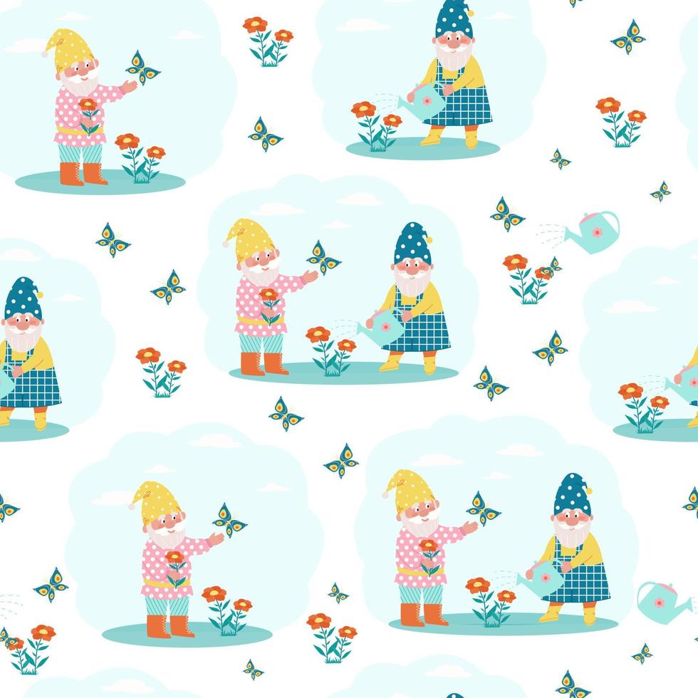 Cute gnomes watering flowers seamless pattern. Vector print in flat style
