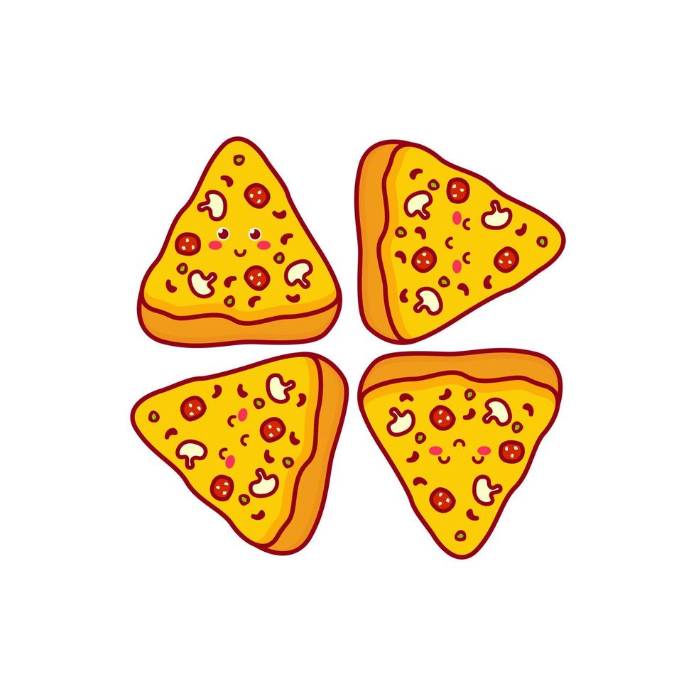 Cute funny pizza currency character. Vector hand drawn cartoon mascot character illustration icon. Isolated on white background. fast food character concept