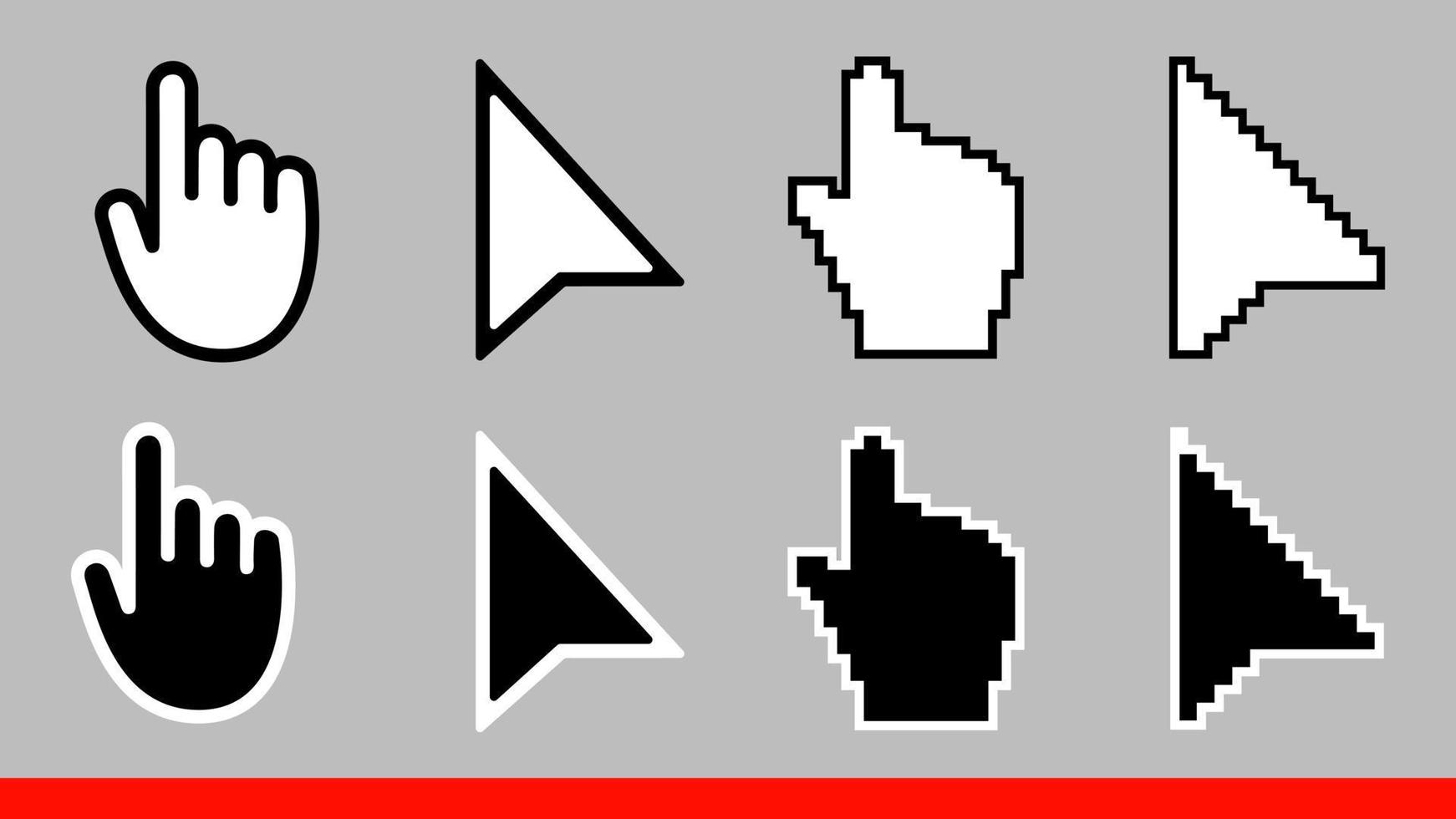 8 píxeles de flecha en blanco y negro y ningún ejemplo de vector de icono de cursores de mano de ratón de píxel conjunto diseño de estilo plano aislado sobre fondo blanco.