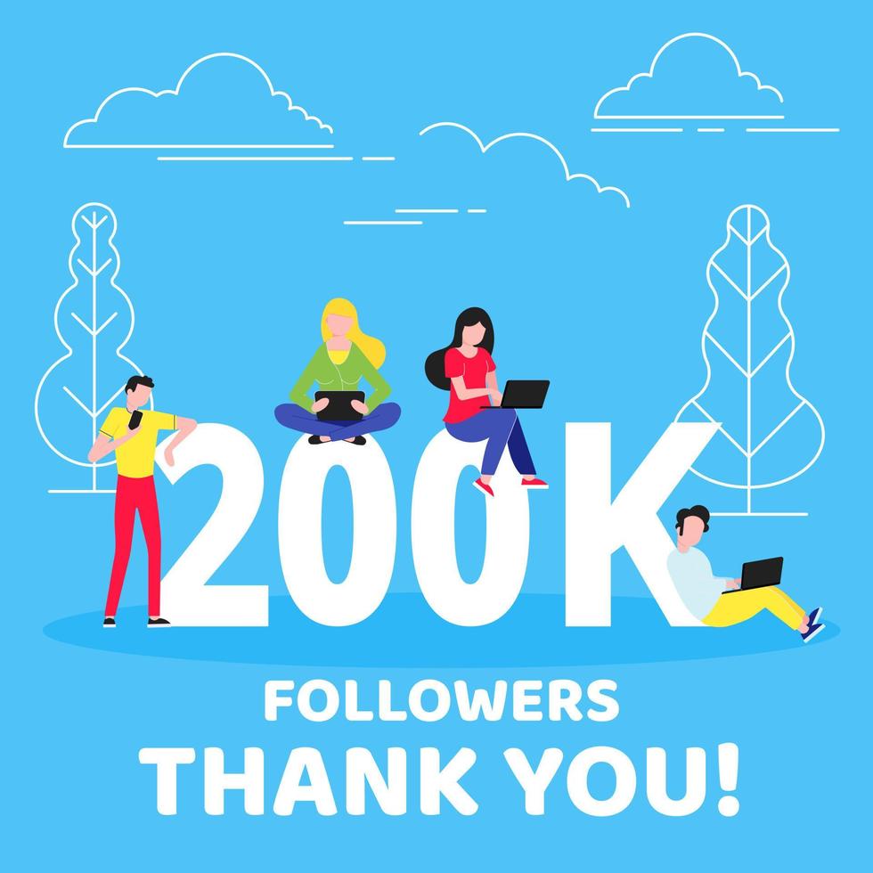 Thank you 200000 followers numbers postcard. People man, woman big numbers flat style design 200k thanks vector illustration isolated on blue background. Template for internet media and social network