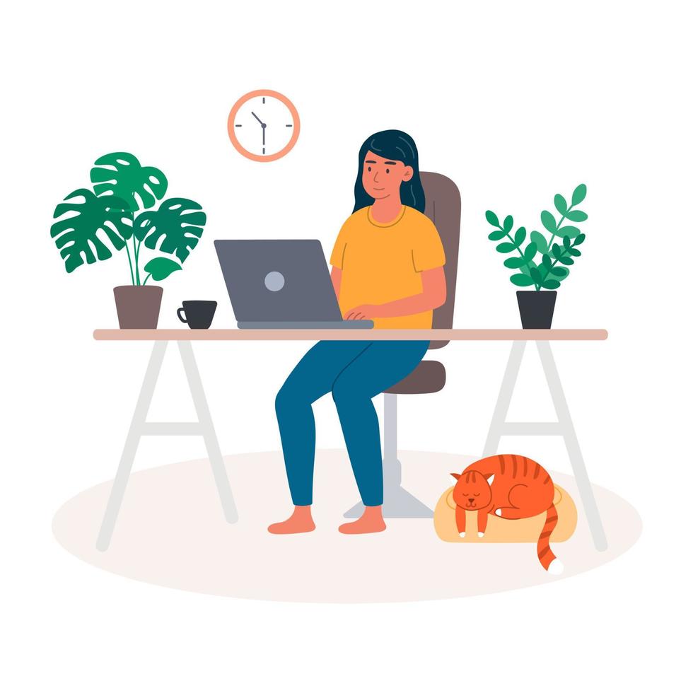 mujer joven con laptop en casa, estudia, se comunica y ordena productos en línea, trabaja de forma remota en la computadora. ilustración vectorial en estilo plano vector