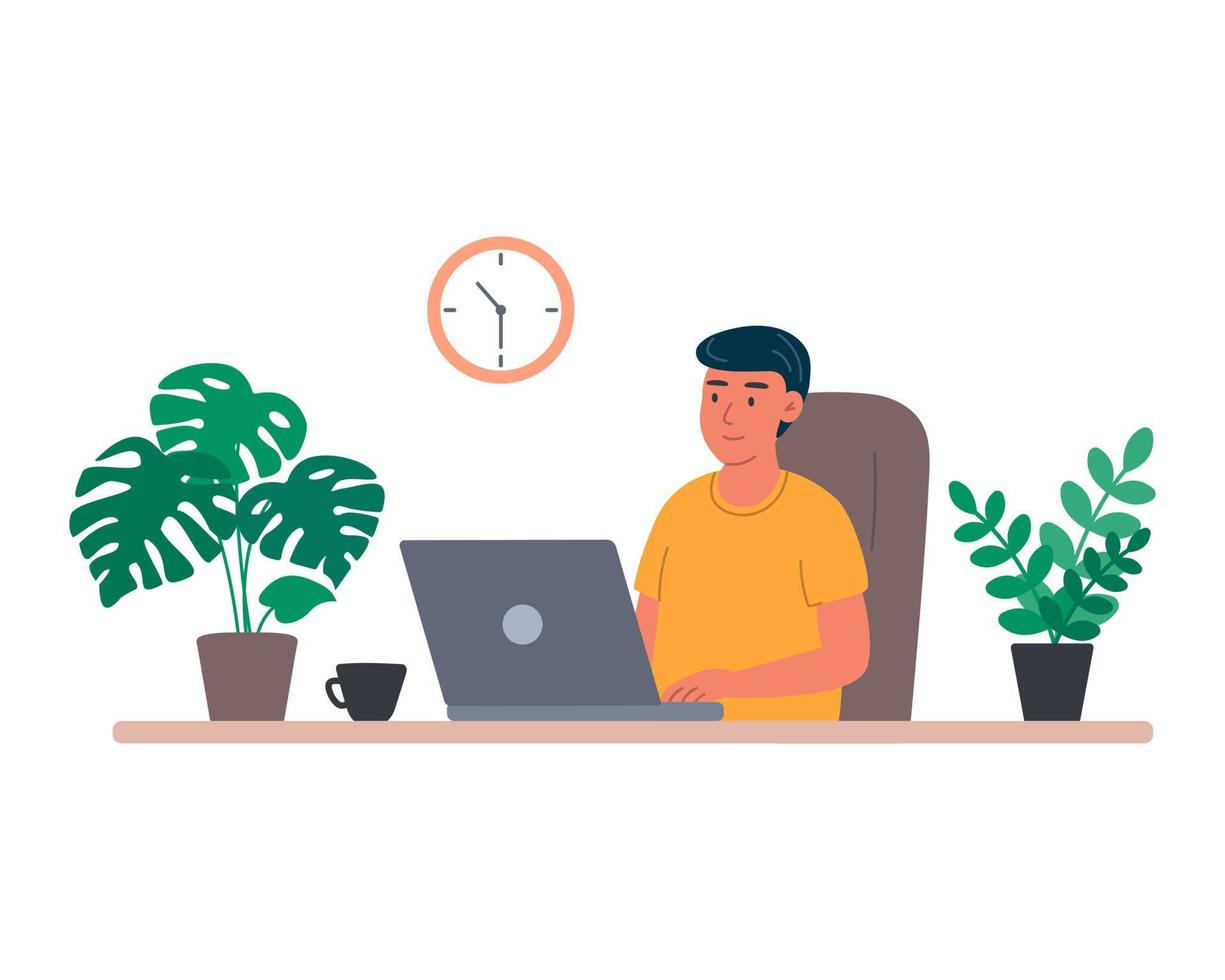 Young man at laptop, home office, training, communication and ordering goods online, remote work at computer. Vector illustration in flat style